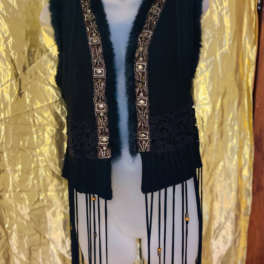Miss Me Black and Gold Fringe Vest